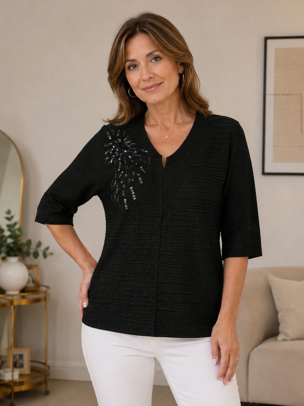 Carducci Elegant Black Sequin-Embellished Knit Top - Women's